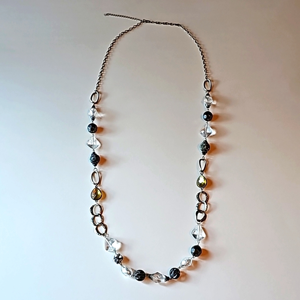 Silver & Clear Beaded Long Necklace 40 Inches 2 Inch Extender
